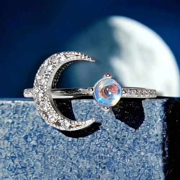 🆕️S925 Silver Crescent Moon Simulated Moonstone Adjustable Ring And Rhinestones - Picture 6 of 13